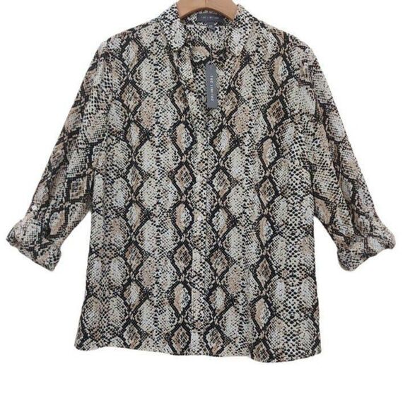 The Limited Blouse Womens Petite Medium Beige Roll Tab Sleeve Snake Print V-Neck - Picture 3 of 12